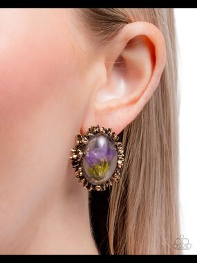Paparazzi Gold Oval Resin Earrings with Purple Floral Accent